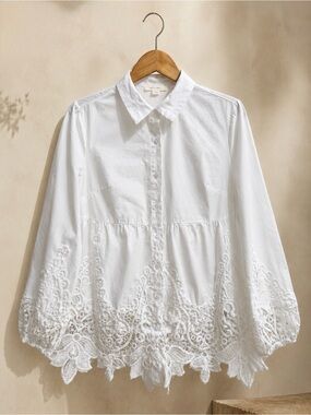 White Cotton Embroidered Lace Button Front Blouse Boho Cottagecore Women’s S